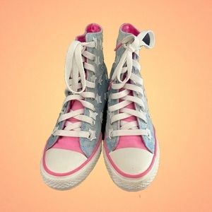 Skechers Daddys Money $$ Denim Star Pink and Blue Wedge High Top Sneakers!